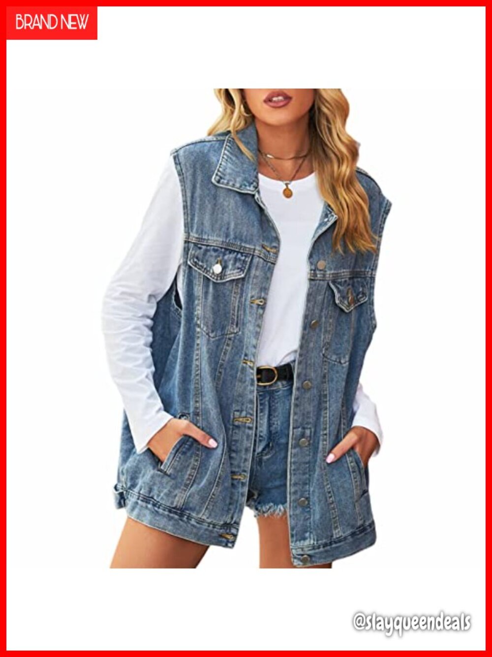 Women's Oversized Denim Vest Button Down Sleeveless Jean Jacket Distressed